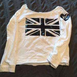 Victoria's Secret White Long Sleeve Tee with Black Sequin Flag